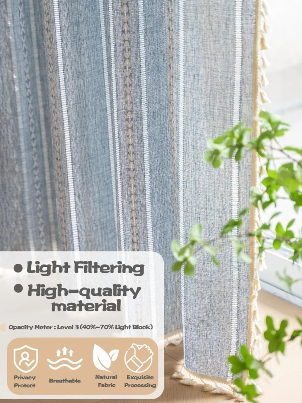 Boho Blue And White Striped Curtain With Fringed Edges- Elegant Window Drape NIB